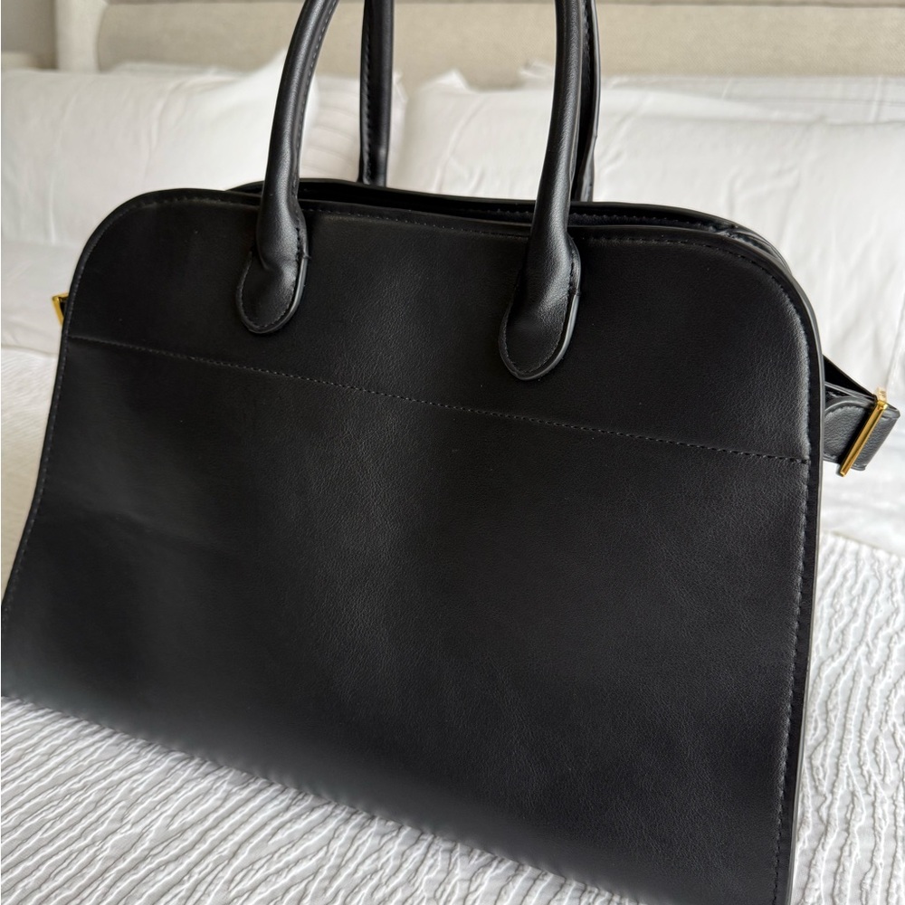 The Row Margaux Inspired Black Leather Drawstring Pouch with Gold Accents - Picture 10 of 14